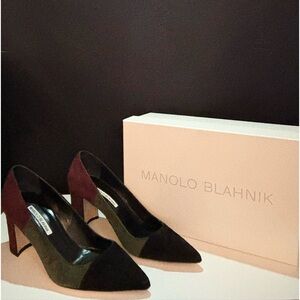 Manolo Blahnik color-block, block heel. Handmade in Italy